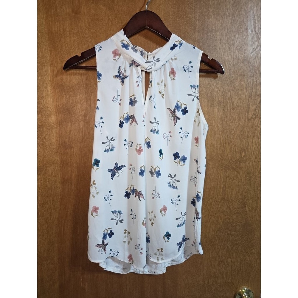 LOFT Womens Small White Floral Butterfly Sleeveless Halter Neck Blouse Top S